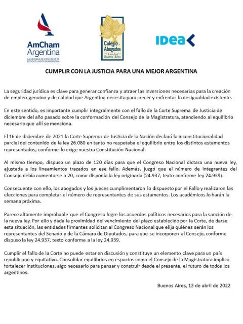 Declaraci�n conjunta de AMCHAM, IDEA Y CACBA<br/>Cumplir con la justicia para una mejor Argentina 